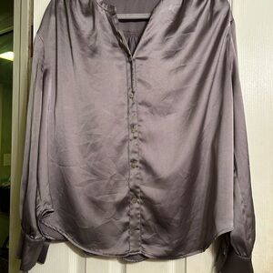 Elegant Taupe Gray Satin Blouse by Rachel Zoe